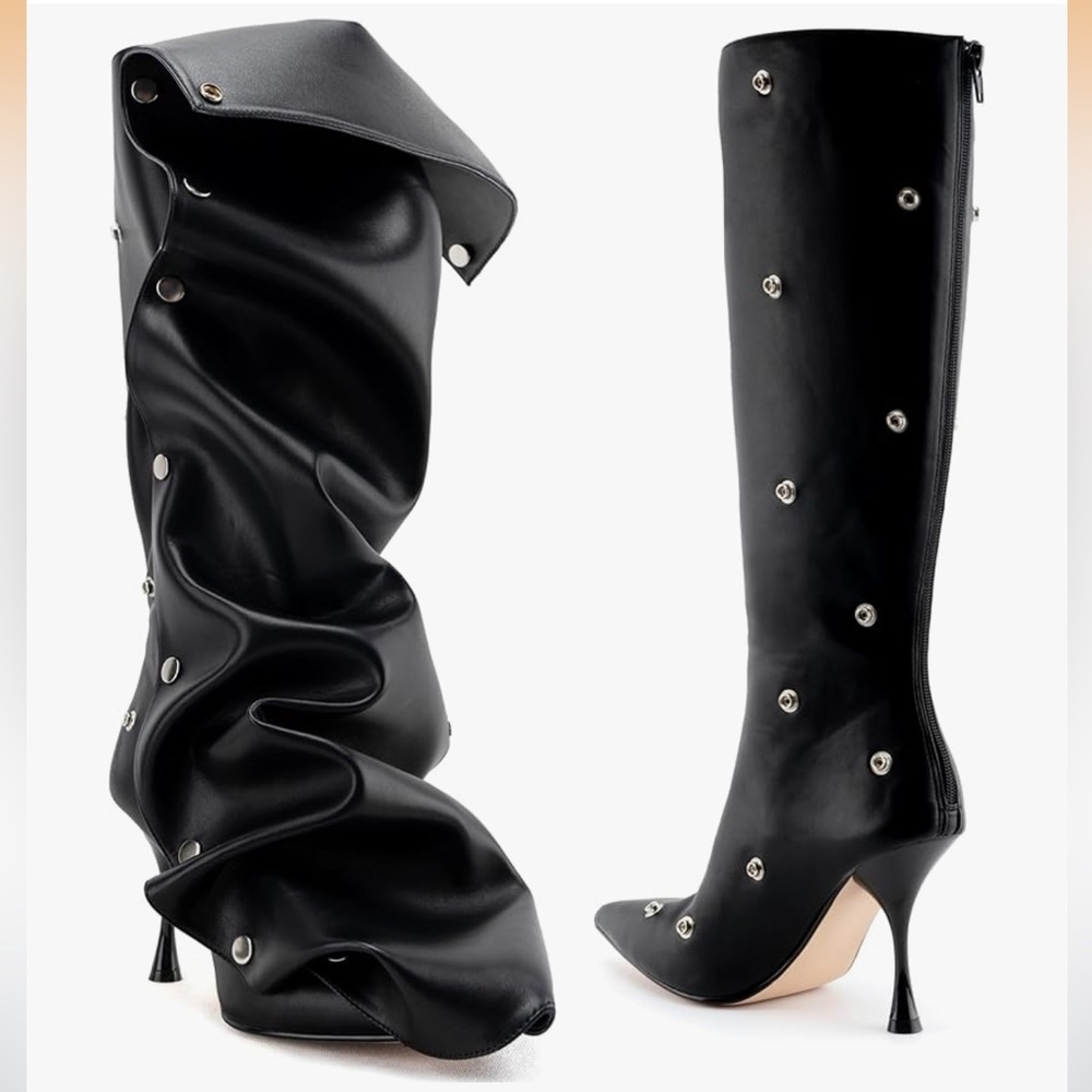 Black Studded High-Heel Knee Boots